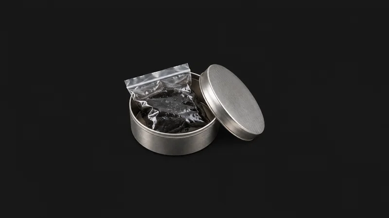 Isolated a bagged resin sample in a two-part tin centred on a seamless deep charcoal near-black studio background, generous empty margin on every side for overlaid branding
