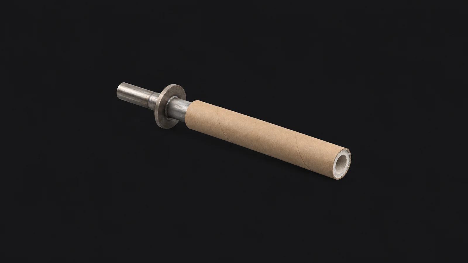 Isolated a molten-steel sampling probe with a cardboard sleeve centred on a seamless deep charcoal near-black studio background, generous empty margin on every side for overlaid branding