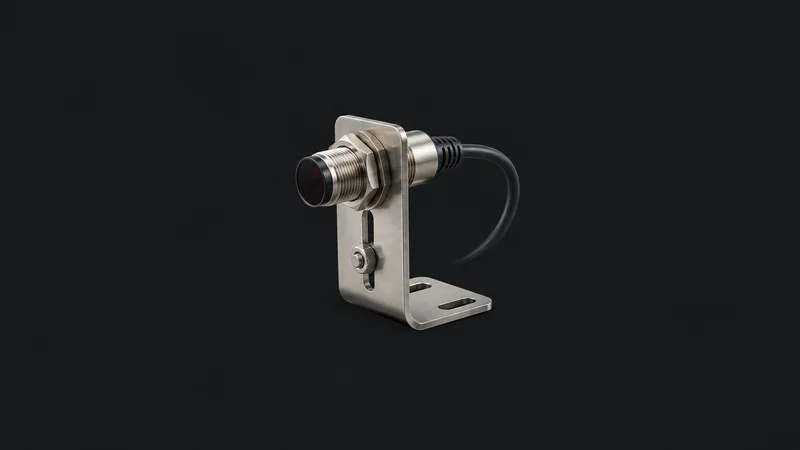 Isolated a stainless sensor bracket with a photoelectric eye centred on a seamless deep charcoal near-black studio background, generous empty margin on every side for overlaid branding