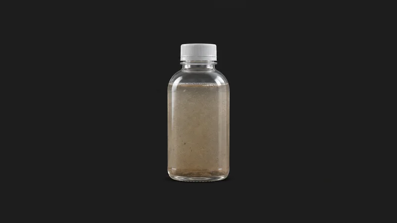 Isolated a clear sample bottle of turbid water centred on a seamless deep charcoal near-black studio background, generous empty margin on every side for overlaid branding