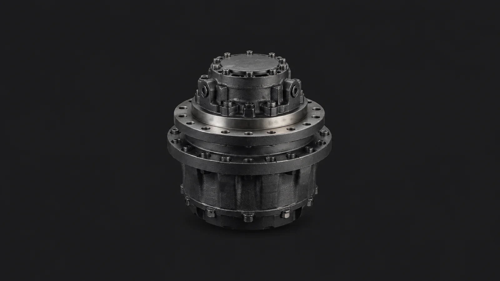 Isolated a heavy-duty planetary final-drive hub centred on a seamless deep charcoal near-black studio background, generous empty margin on every side for overlaid branding