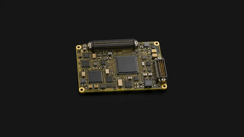 Isolated a conformal-coated circuit board with a gold-tinted finish centred on a seamless deep charcoal near-black studio background, generous empty margin on every side for overlaid branding