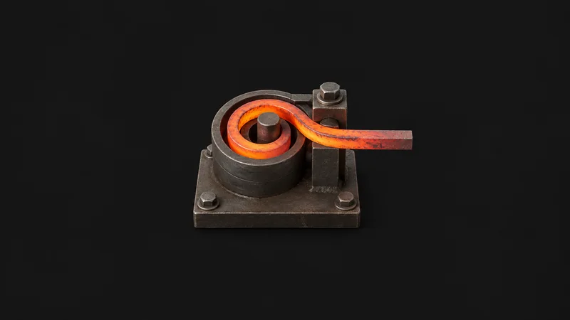 Isolated a bar of orange-hot steel bent into a scroll on a scrolling jig centred on a seamless deep charcoal near-black studio background, generous empty margin on every side for overlaid branding