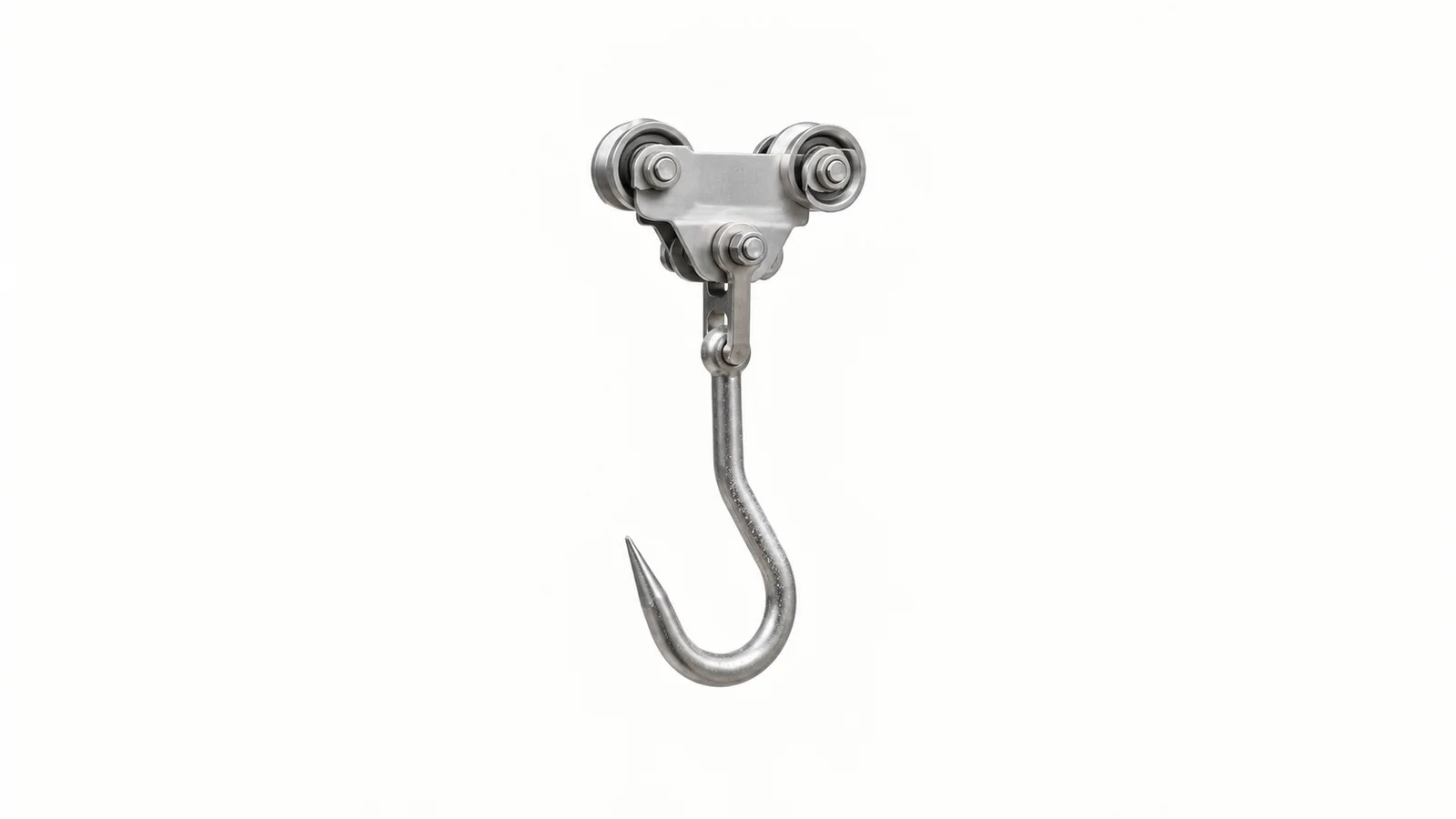 Isolated a frosted stainless-steel meat hook on a rail trolley centred on a seamless pale off-white studio background, generous empty margin on every side for overlaid branding