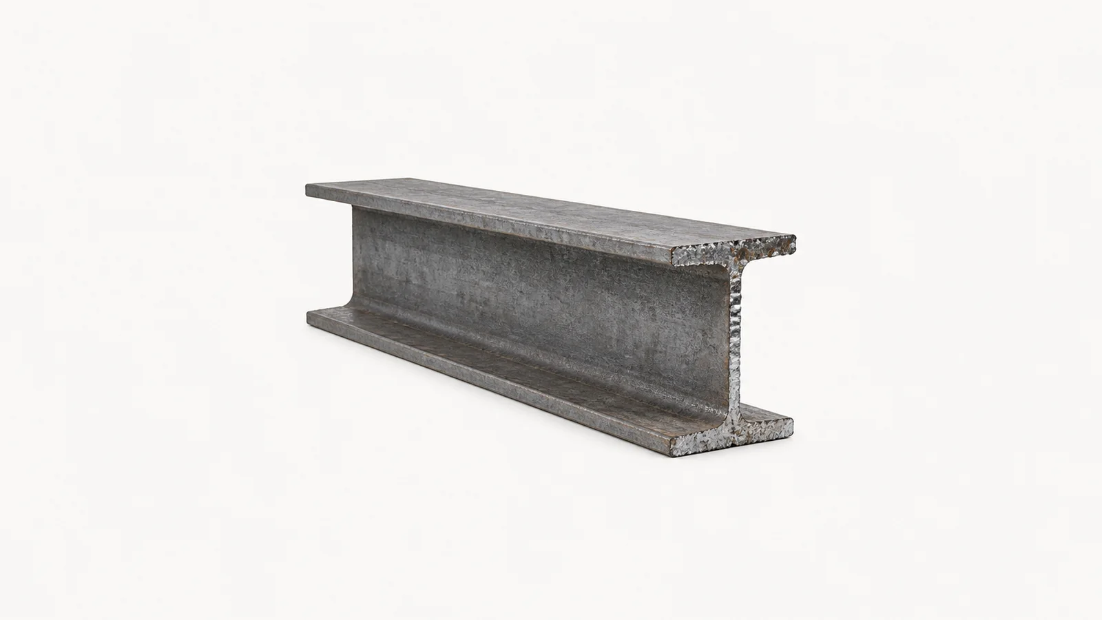 Isolated a rolled-steel universal beam section with a flame-cut end centred on a seamless pale off-white studio background, generous empty margin on every side for overlaid branding