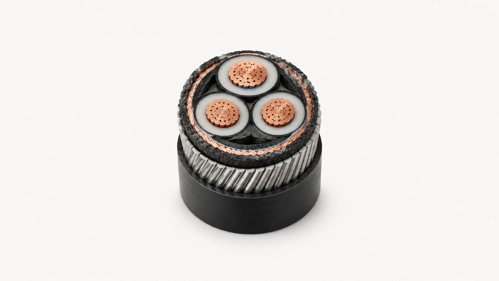 Isolated a cross-section of armoured high-voltage cable showing layered cores centred on a seamless pale off-white studio background, generous empty margin on every side for overlaid branding