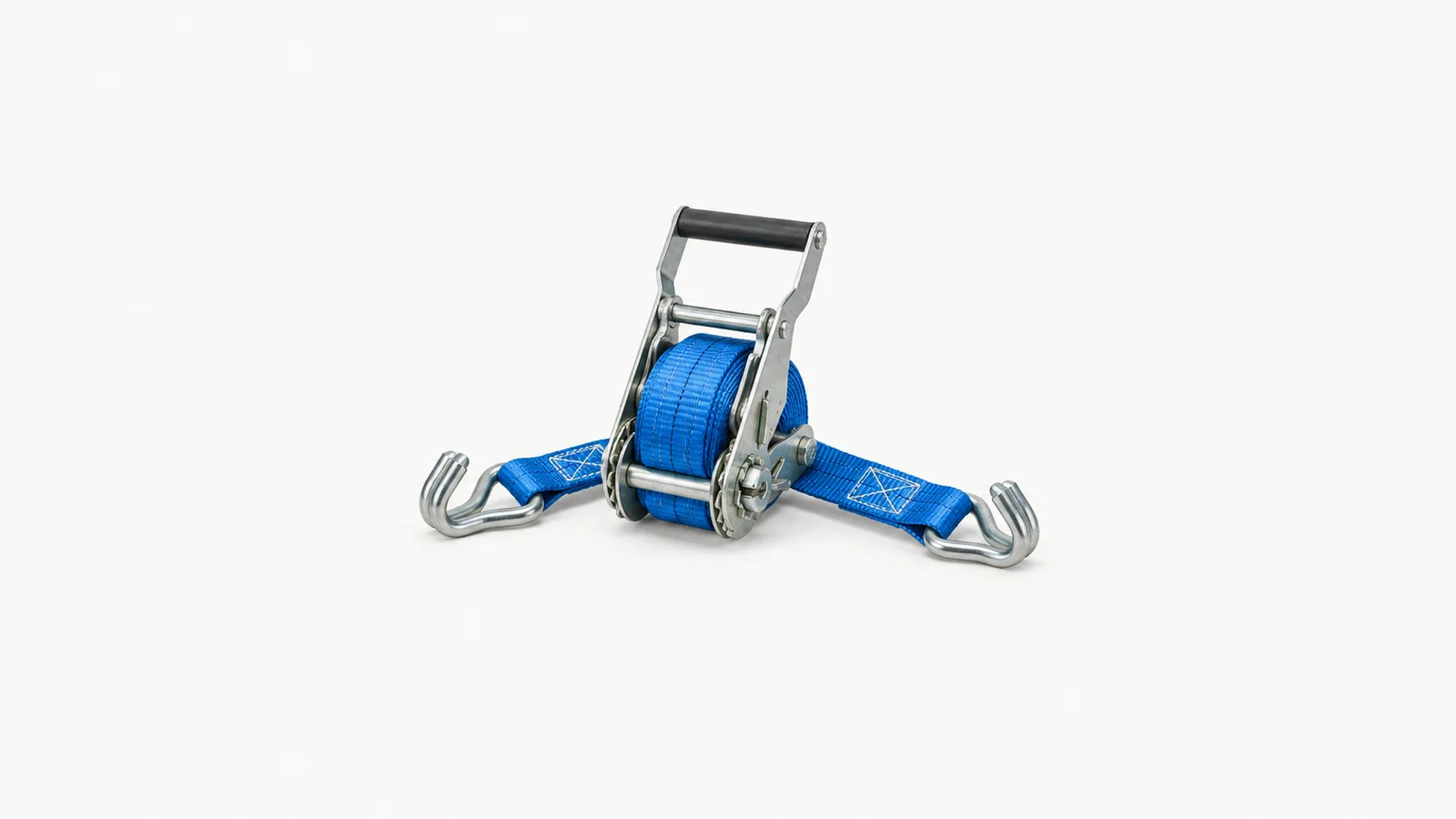 Isolated a nylon cargo-lashing strap wound on a ratchet tensioner centred on a seamless pale off-white studio background, generous empty margin on every side for overlaid branding