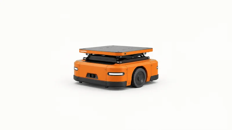 Isolated an orange autonomous mobile robot drive unit with a lifting platform centred on a seamless pale off-white studio background, generous empty margin on every side for overlaid branding