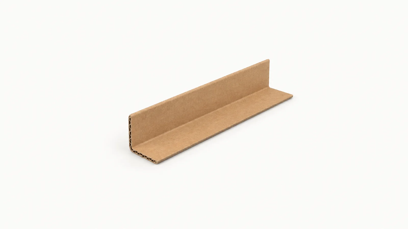 Isolated a corrugated cardboard pallet-corner protector strip centred on a seamless pale off-white studio background, generous empty margin on every side for overlaid branding