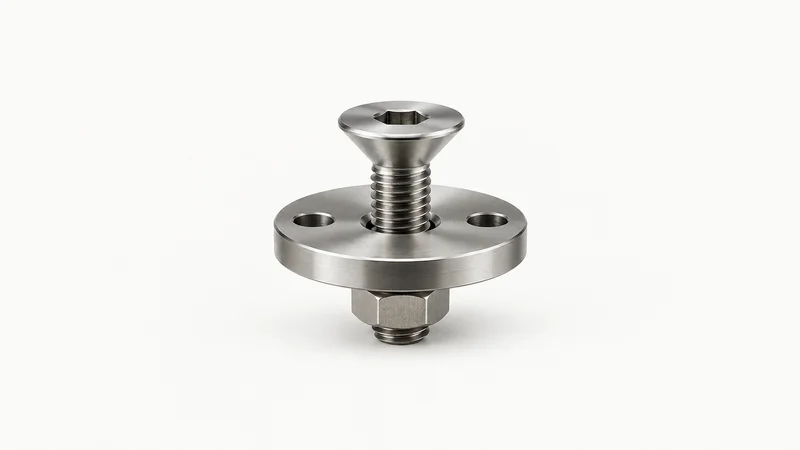 Isolated a stainless-steel countersunk bolt and nut set on a fabricated flange centred on a seamless pale off-white studio background, generous empty margin on every side for overlaid branding