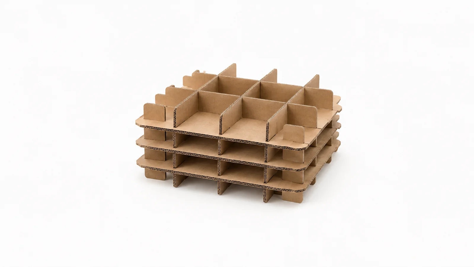 Isolated a stack of die-cut divider inserts for a shipping case centred on a seamless pale off-white studio background, generous empty margin on every side for overlaid branding