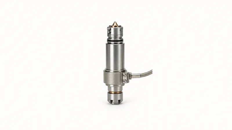 Isolated a hot-runner nozzle assembly with heater band centred on a seamless pale off-white studio background, generous empty margin on every side for overlaid branding