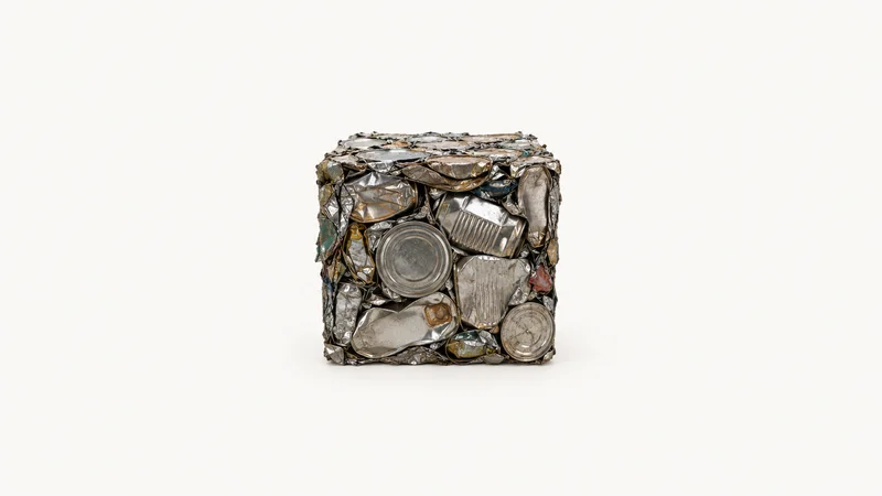 Isolated a cube of crushed steel food tins centred on a seamless pale off-white studio background, generous empty margin on every side for overlaid branding