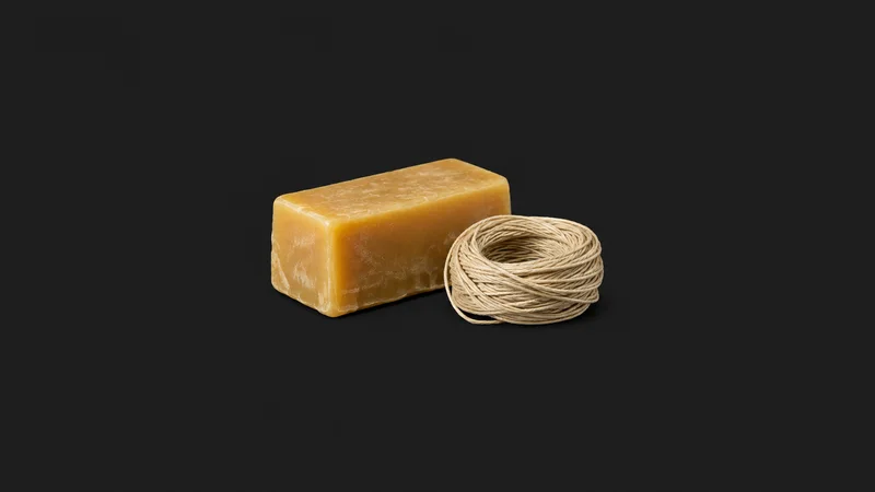 Isolated a bar of saddler's beeswax with linen thread centred on a seamless deep charcoal near-black studio background, generous empty margin on every side for overlaid branding