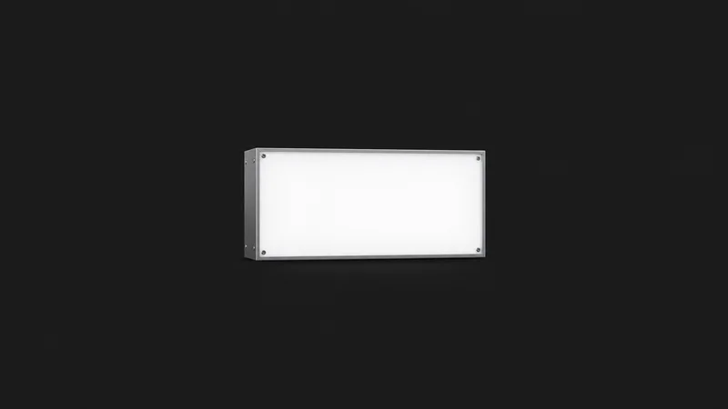 Isolated an illuminated sign box with a flat acrylic face centred on a seamless deep charcoal near-black studio background, generous empty margin on every side for overlaid branding