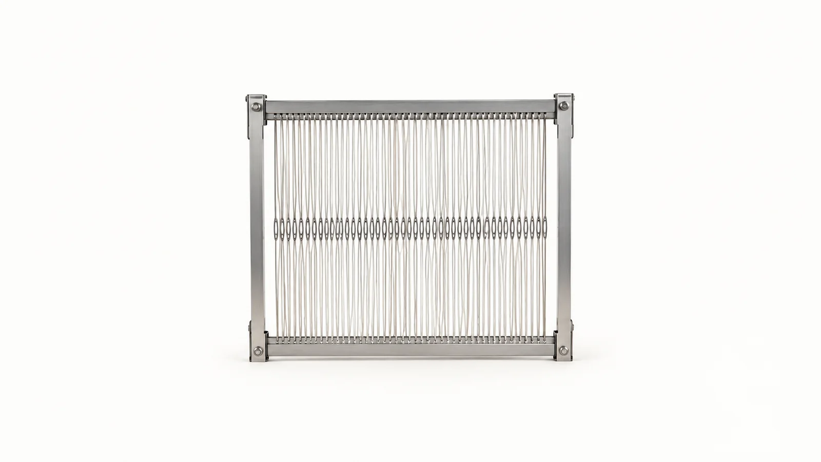 Isolated a heddle frame with threaded warp ends centred on a seamless pale off-white studio background, generous empty margin on every side for overlaid branding