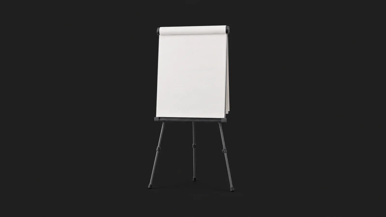 Isolated a stack of blank flip-chart pads on an easel centred on a seamless deep charcoal near-black studio background, generous empty margin on every side for overlaid branding