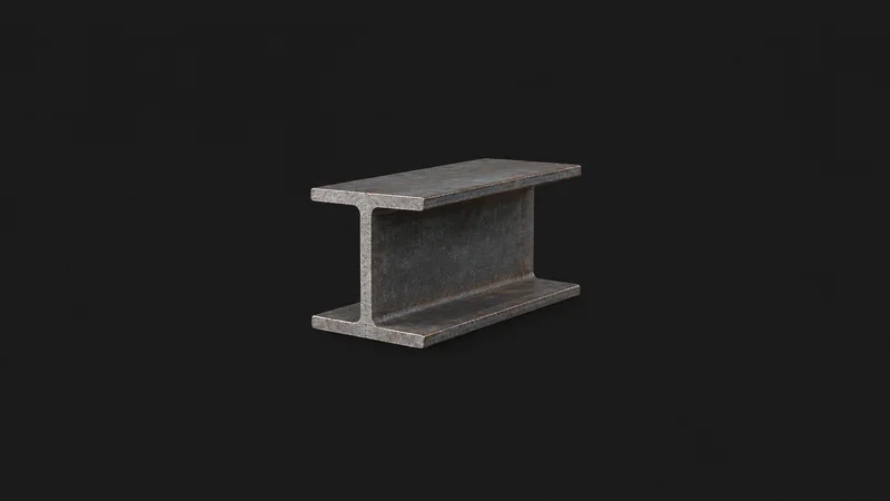 Isolated a steel structural I-beam section cut to a short length centred on a seamless deep charcoal near-black studio background, generous empty margin on every side for overlaid branding