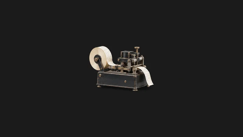Isolated a mechanical stock ticker with a paper tape spool centred on a seamless deep charcoal near-black studio background, generous empty margin on every side for overlaid branding