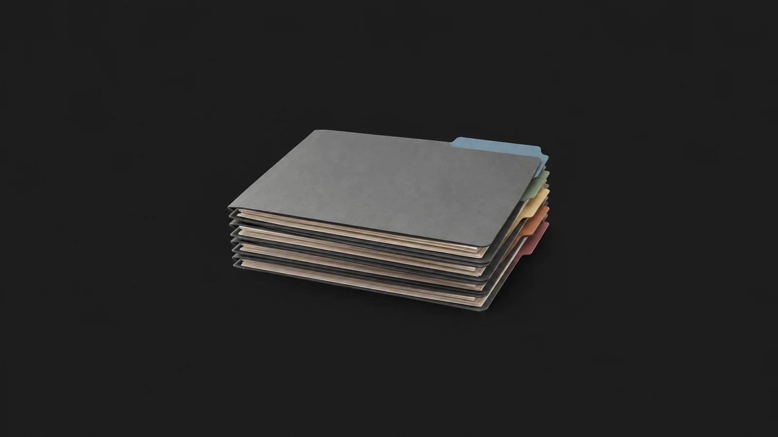 Isolated a stack of blank onboarding folders with colour tabs centred on a seamless deep charcoal near-black studio background, generous empty margin on every side for overlaid branding