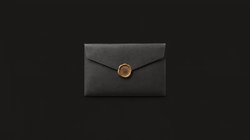 Isolated a sealed document wallet with a wax-style seal centred on a seamless deep charcoal near-black studio background, generous empty margin on every side for overlaid branding