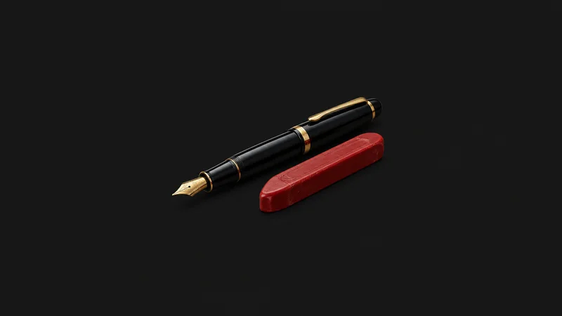 Isolated a fountain pen with a gold nib beside a red wax stick centred on a seamless deep charcoal near-black studio background, generous empty margin on every side for overlaid branding