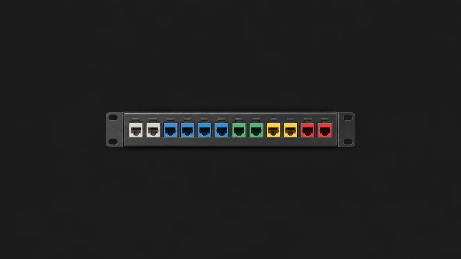 Isolated a keystone jack panel of coloured ports centred on a seamless deep charcoal near-black studio background, generous empty margin on every side for overlaid branding
