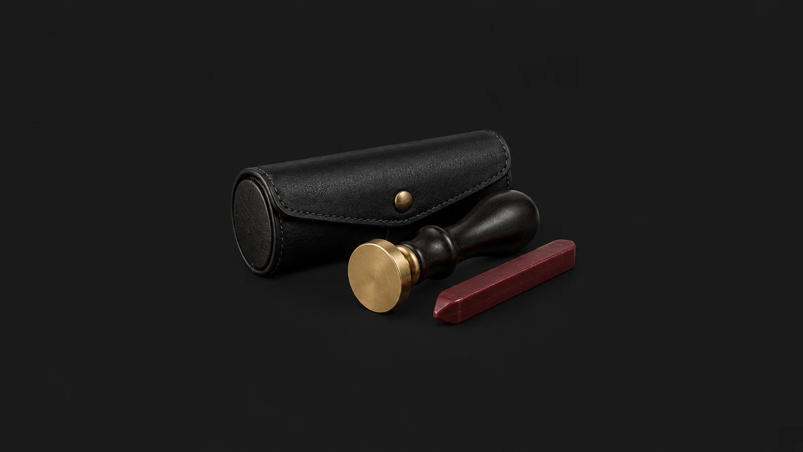 Isolated a black leather-cased law seal with wax stick centred on a seamless deep charcoal near-black studio background, generous empty margin on every side for overlaid branding