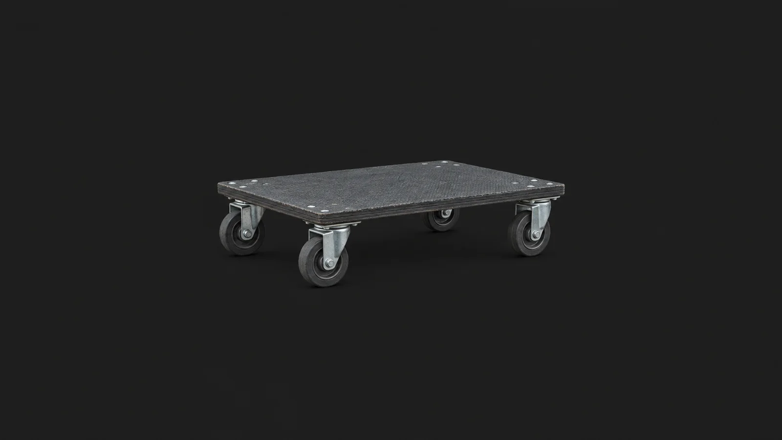Isolated a heavy-duty dolly with four rubber castors centred on a seamless deep charcoal near-black studio background, generous empty margin on every side for overlaid branding