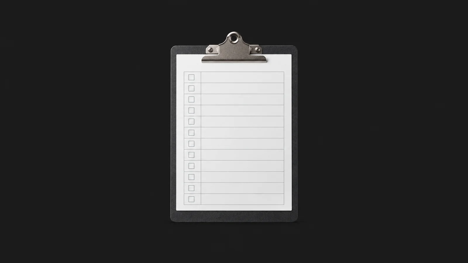 Isolated a blank clipboard inspection sheet with a boxed checklist grid centred on a seamless deep charcoal near-black studio background, generous empty margin on every side for overlaid branding