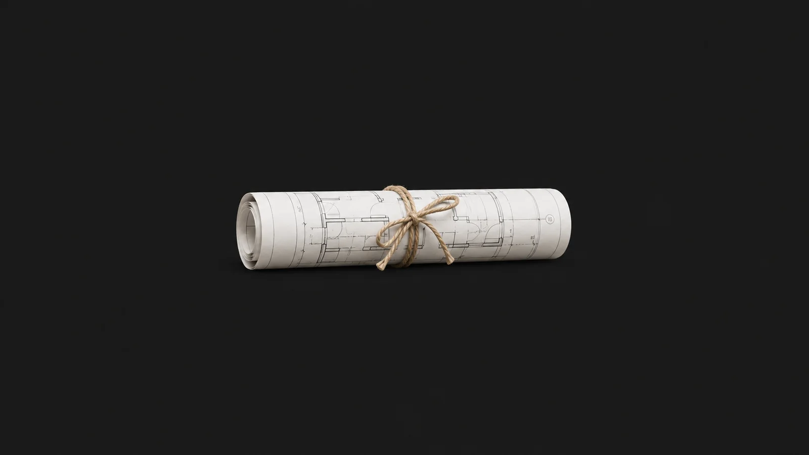 Isolated a rolled architectural floor plan tied with string centred on a seamless deep charcoal near-black studio background, generous empty margin on every side for overlaid branding