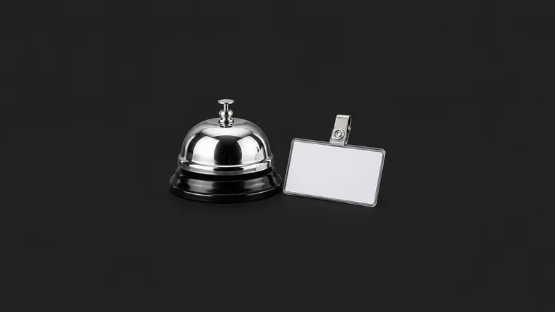 Isolated a chrome desk bell beside a blank name badge centred on a seamless deep charcoal near-black studio background, generous empty margin on every side for overlaid branding