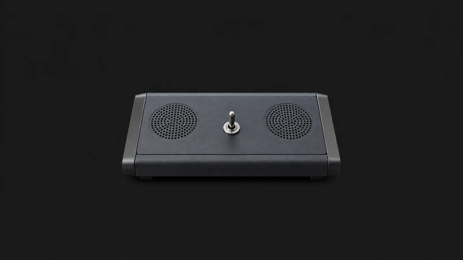 Isolated a desk-mounted interpreting console with a single toggle switch centred on a seamless deep charcoal near-black studio background, generous empty margin on every side for overlaid branding