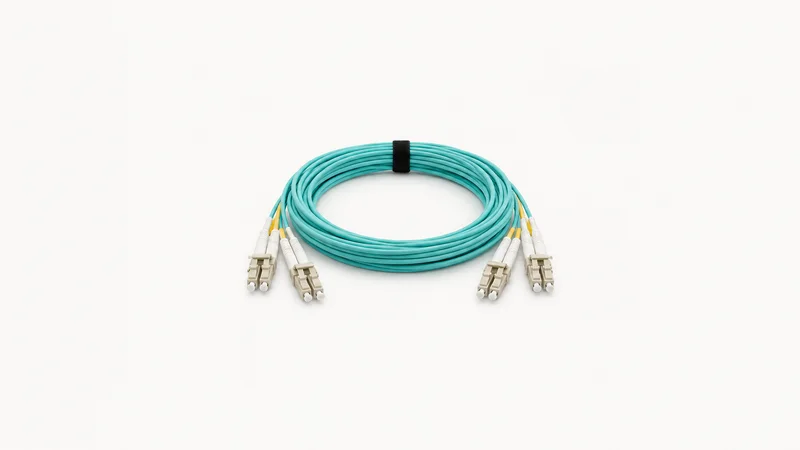 Isolated a bundle of aqua duplex fibre cables with LC connectors centred on a seamless pale off-white studio background, generous empty margin on every side for overlaid branding