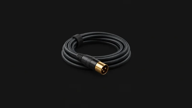 Isolated a coiled XLR cable with a gold-plated connector centred on a seamless deep charcoal near-black studio background, generous empty margin on every side for overlaid branding