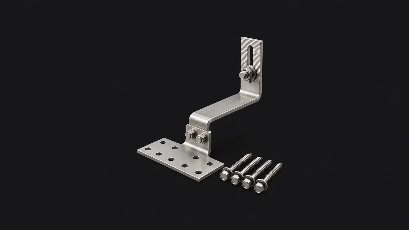 Isolated a roof-hook bracket of stainless steel with fixing bolts centred on a seamless deep charcoal near-black studio background, generous empty margin on every side for overlaid branding