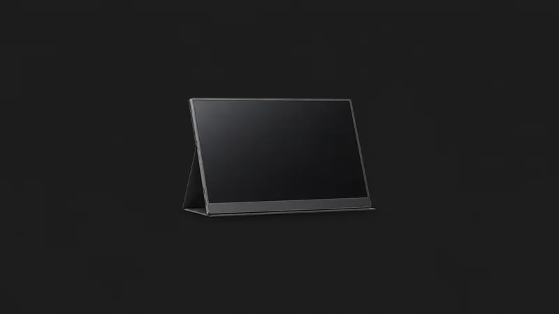 Isolated a portable second monitor folded on its stand centred on a seamless deep charcoal near-black studio background, generous empty margin on every side for overlaid branding