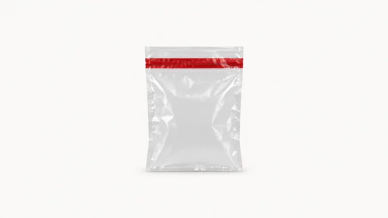 Isolated a tamper-evident security seal bag with a red closure strip centred on a seamless pale off-white studio background, generous empty margin on every side for overlaid branding