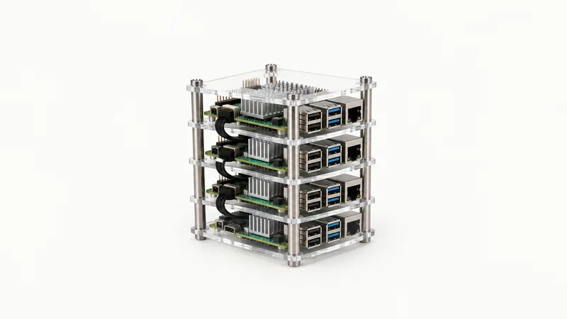 Isolated a single-board computer cluster on a stacked acrylic frame centred on a seamless pale off-white studio background, generous empty margin on every side for overlaid branding