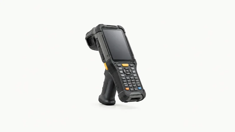 Isolated a rugged handheld inventory terminal with a pistol grip centred on a seamless pale off-white studio background, generous empty margin on every side for overlaid branding