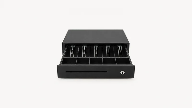 Isolated a black cash drawer with the tray pulled out centred on a seamless pale off-white studio background, generous empty margin on every side for overlaid branding