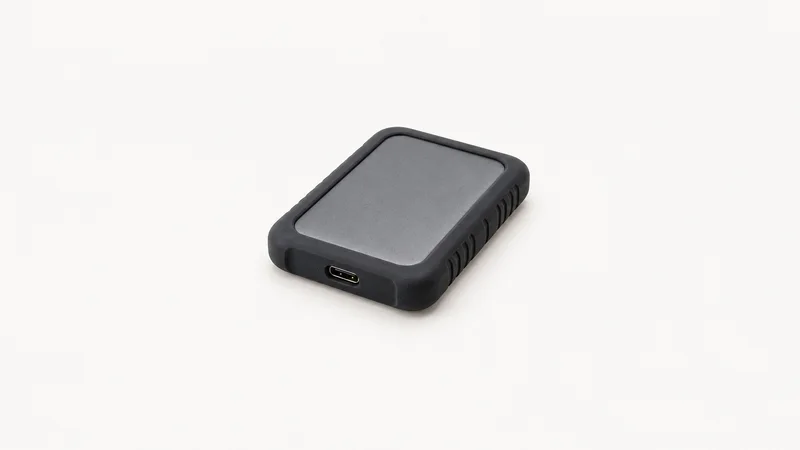 Isolated a portable SSD in a rubber sleeve centred on a seamless pale off-white studio background, generous empty margin on every side for overlaid branding