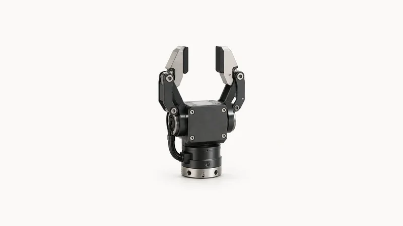 Isolated a robotic gripper hand in a resting pose centred on a seamless pale off-white studio background, generous empty margin on every side for overlaid branding