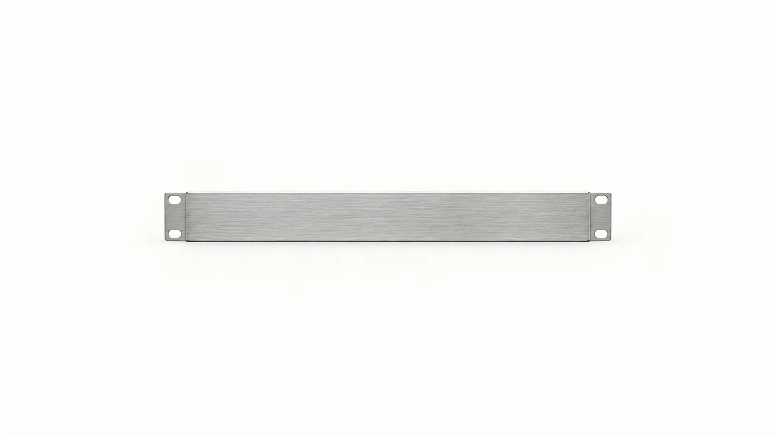 Isolated a rack blanking panel in brushed steel centred on a seamless pale off-white studio background, generous empty margin on every side for overlaid branding