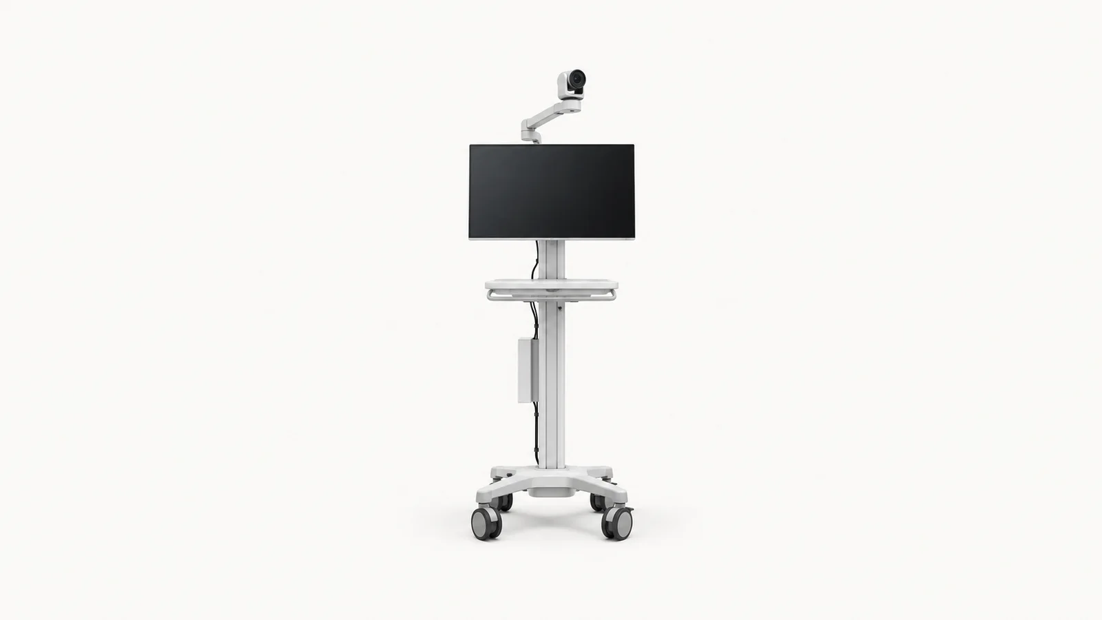 Isolated a telehealth cart with an articulated camera arm and blank mounted screen centred on a seamless pale off-white studio background, generous empty margin on every side for overlaid branding