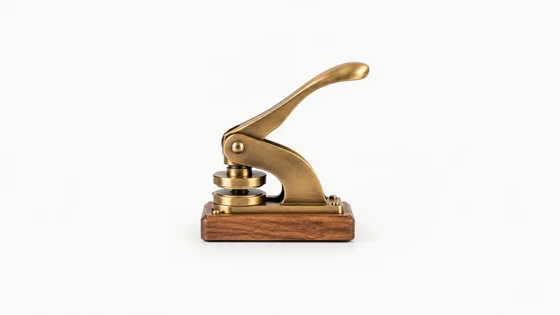 Isolated a brass-coloured embossing seal press on a wooden base centred on a seamless pale off-white studio background, generous empty margin on every side for overlaid branding
