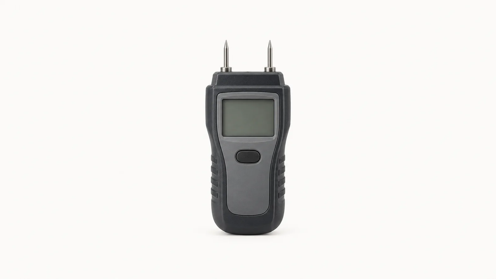 Isolated a moisture meter with two metal probe pins and a blank readout centred on a seamless pale off-white studio background, generous empty margin on every side for overlaid branding
