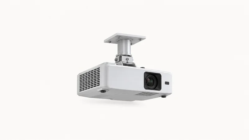 Isolated a ceiling-mount short-throw classroom projector on a bracket centred on a seamless pale off-white studio background, generous empty margin on every side for overlaid branding
