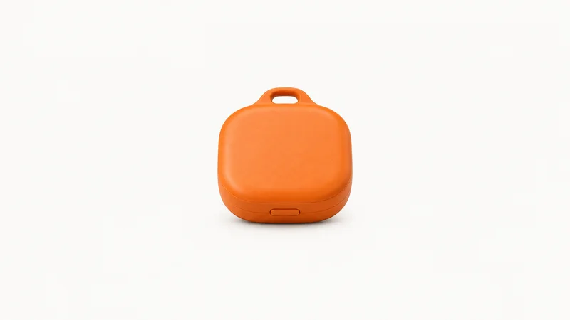 Isolated an asset-tracking beacon in a small rounded orange shell centred on a seamless pale off-white studio background, generous empty margin on every side for overlaid branding