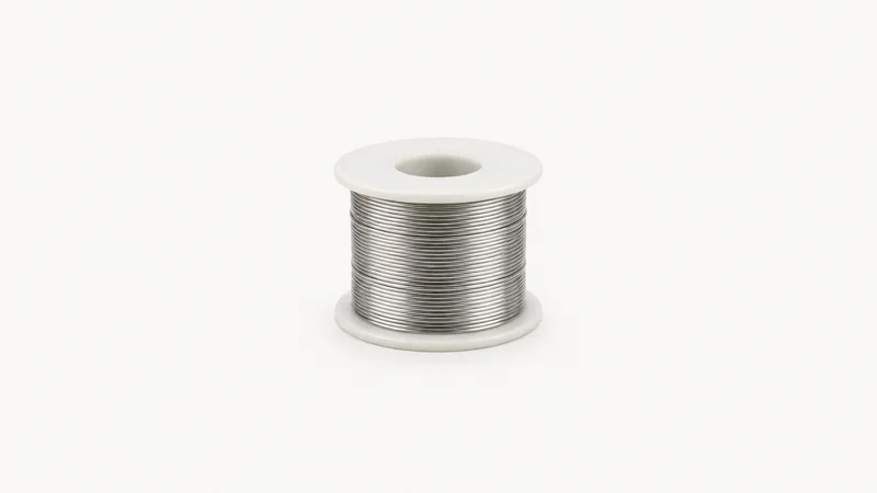Isolated a spool of lead-free solder wire centred on a seamless pale off-white studio background, generous empty margin on every side for overlaid branding